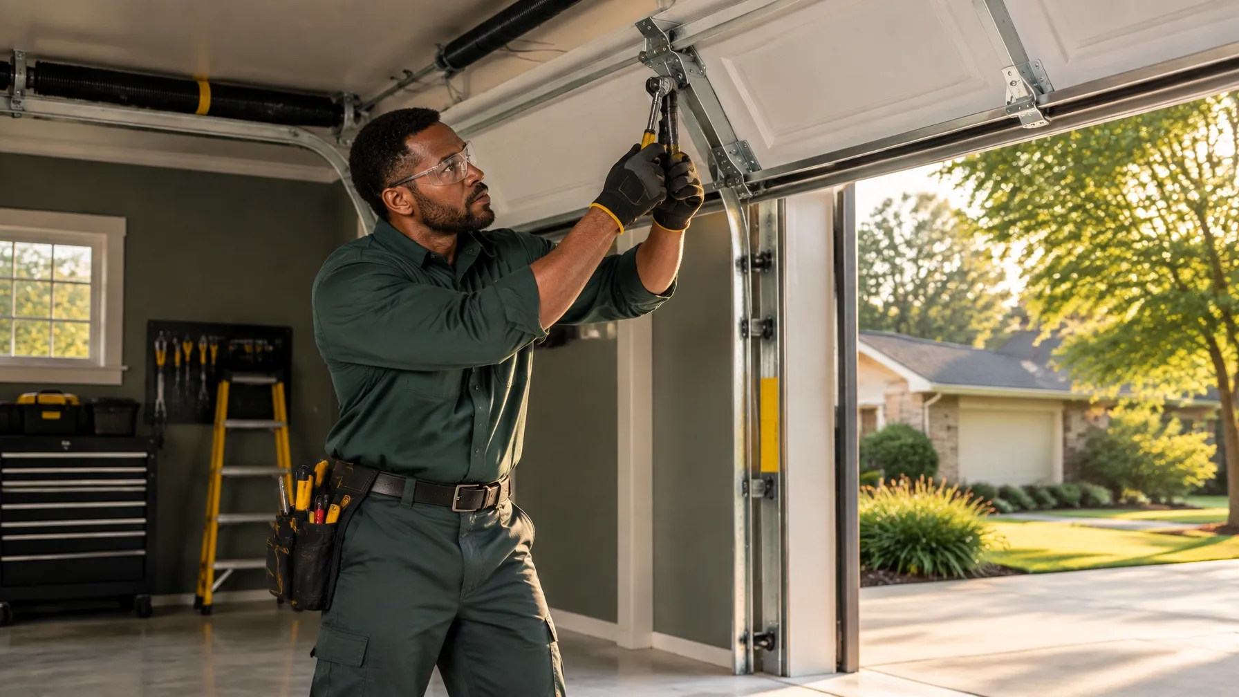 Black garage door technician repairing a residential overhead door in an Indianapolis garage
