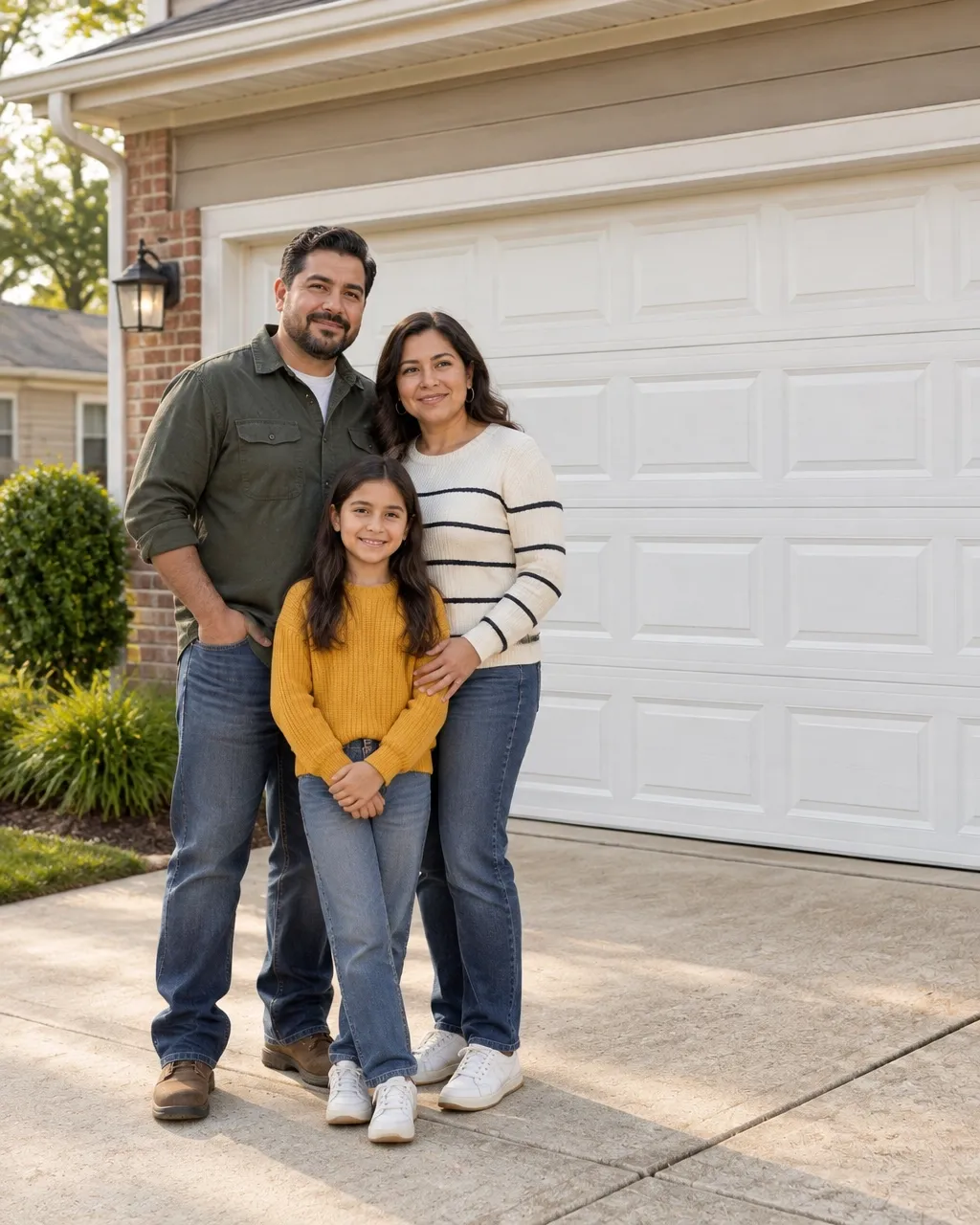 Hispanic family standing in front of their newly installed residential garage door