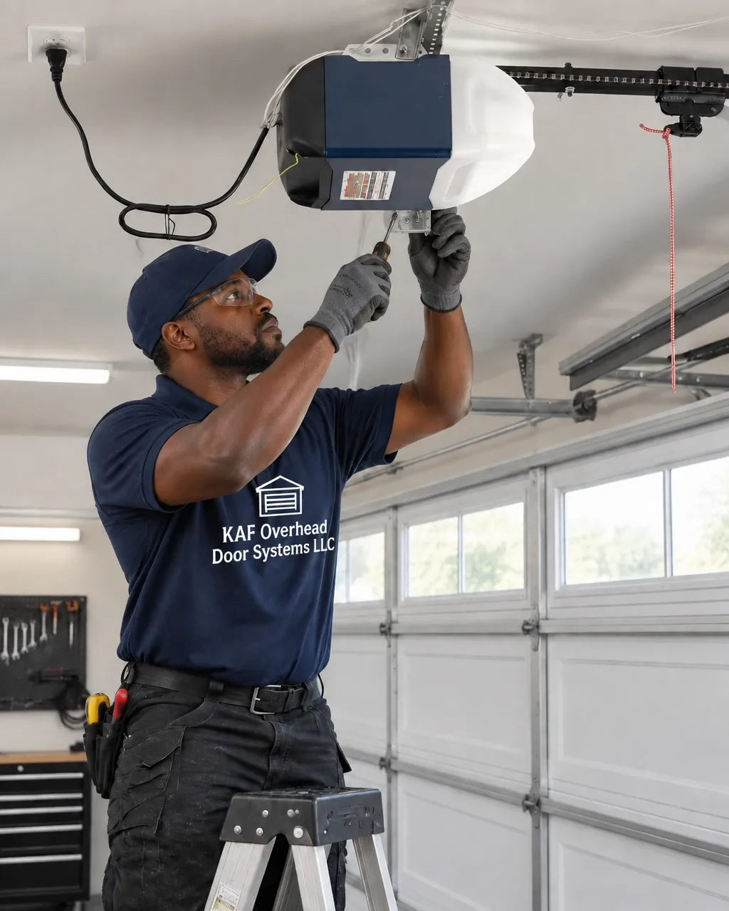 Black KAF technician working on a residential garage door opener